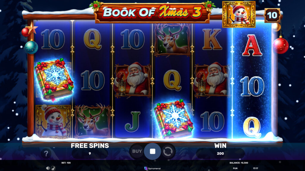Book of Xmas 3 Free Spins feature with expanding snowman symbol
