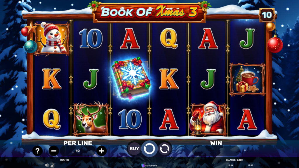 Book of Xmas 3 slot base game gameplay showing Santa and Book symbols